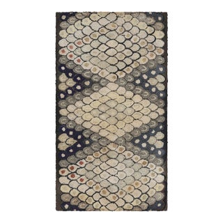 Antique Hooked Rug in Blue With Cream Geometric Patterns, From Rug & Kilim For Sale