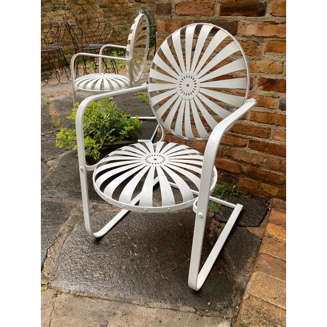 pair of francois carre cantilever garden rocking chair, in semi-gloss white c.1930’s French art deco wrought iron & spring...