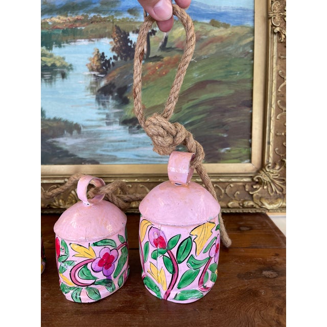 Wood 1970s Hand-Painted Pink Metal Bell Garland With Floral Motif, Set of 6 Decorative Hanging Bells. For Sale - Image 7 of 10