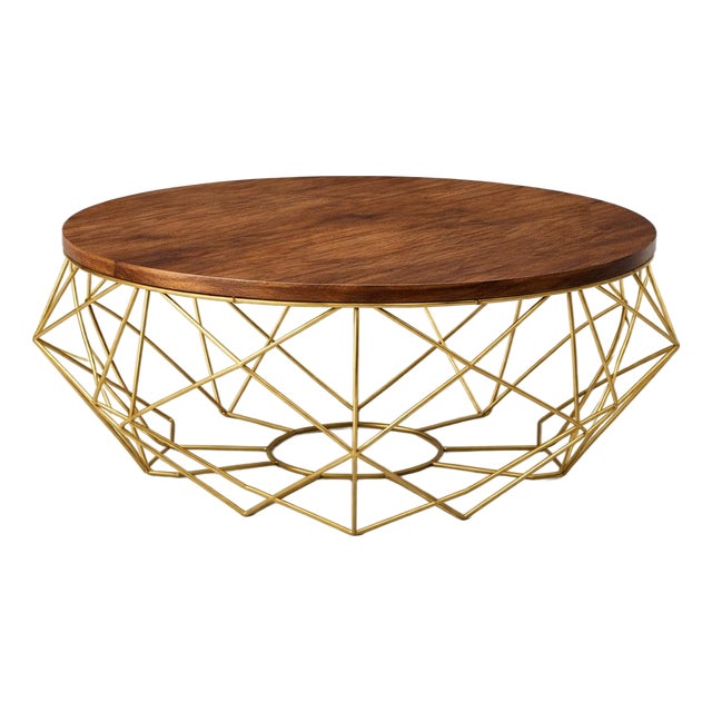 Late 20th Century Architectural Sculptural Coffee Table in Cognac Walnut With Antique Gold Faceted Wire Base For Sale