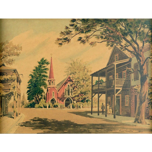 "Sunday Service, a lovely mid-century figurative village street scene by Frank Serratoni (American, 1908-1970), c. 1940s....