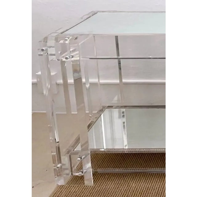 Transparent Late 20th Century Modern Lucite Chrome Mounted Two-Tier Mirrored Console Table For Sale - Image 8 of 9