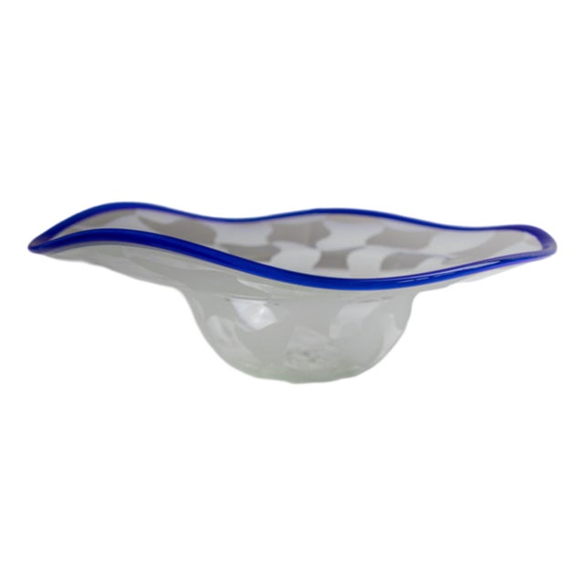 Vintage Murano Glass Bowl with Chequered Pattern & Blue Wavy Rim, Italy, 1990s For Sale