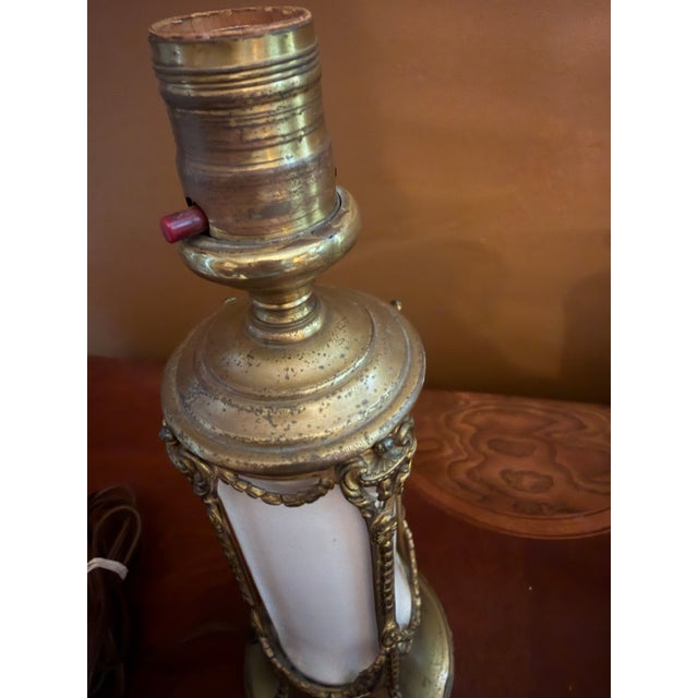 Brass Pair of Vintage French Empire Brass & Milk Glass Table Lamps 12" X 4.5" Ca. 1950 For Sale - Image 8 of 18