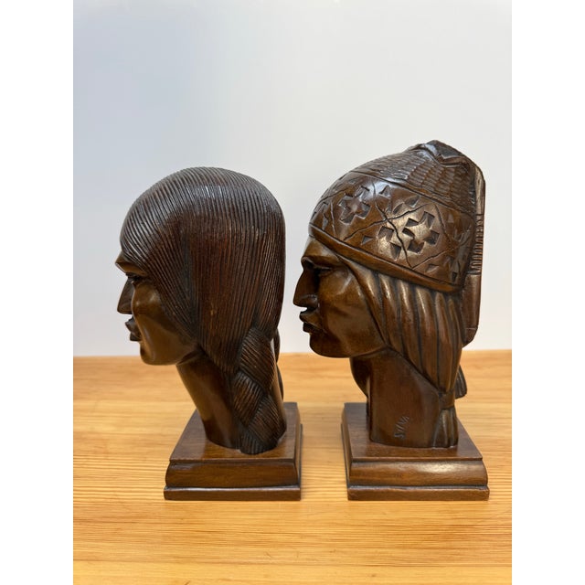 Signed Silva Art Deco Carved Wood Busts — Pair For Sale - Image 6 of 11