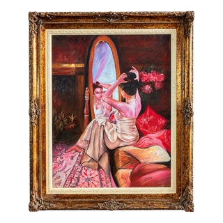 1990s Romantic Woman at the Mirror Wall Art – Elegant Feminine Portrait With Ornate Gold Leaf Wood Frame For Sale