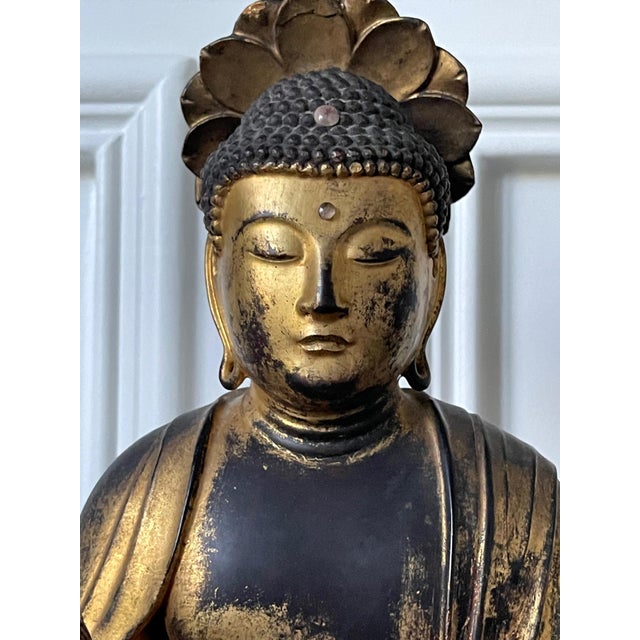 Gold Japanese Antique Gilt Wood Amitabha Buddha on Loctus Throne Statue For Sale - Image 8 of 17