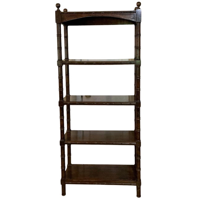 Mid 20th Century Mid-Century Regency Style Carved Mahogany Faux Bamboo Etagere / Shelf / Book For Sale - Image 5 of 6