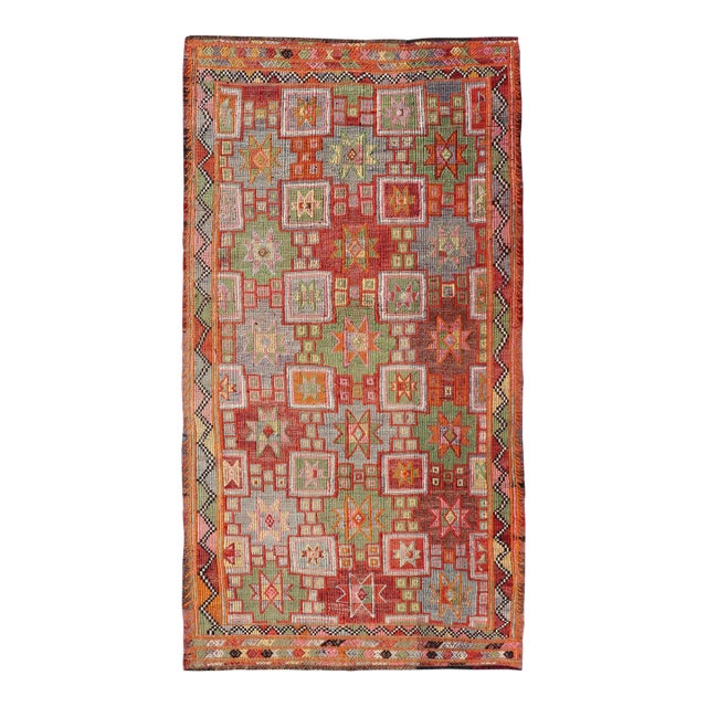 Vintage Turkish Kilim Rug With Vibrant Multicolor Star Motifs 5'5 X 10'6 For Sale