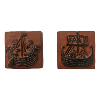 Mid-Century Ceramics Tiles with Viking Motifs from Thyssen, Denmark, 1960s, Set of 2 For Sale