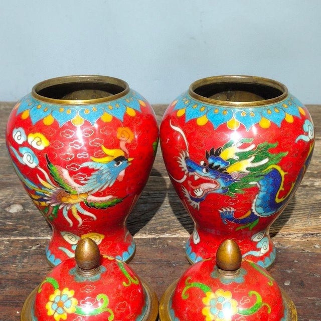 1900 - 1909 Pair of Vintage Chinese Cloisonné Enamel "Dragon & Phoenix" Covered Jars With "Xuan" Mark For Sale - Image 5 of 9
