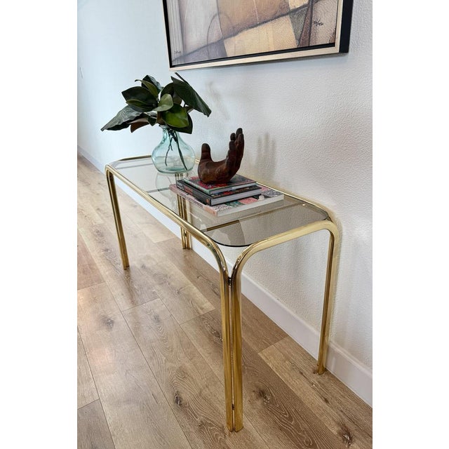 Hollywood Regency Brass Console Table With Smoked Glass Top and Waterfall Edges For Sale In Portland, OR - Image 6 of 9