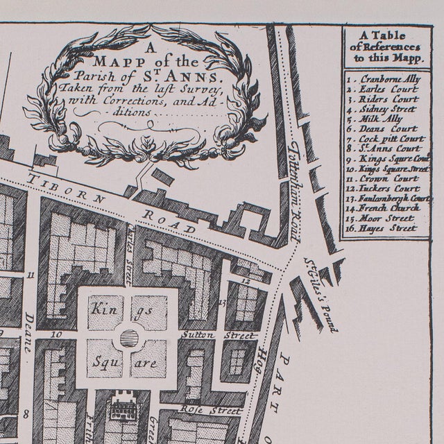 1980s Vintage Framed 18th Century Street Map, London, West End, Soho, Leicester Square For Sale - Image 5 of 10