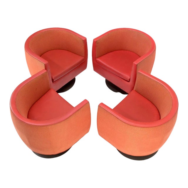 Set of 4 Large Swivel Round Barrel Back Lounge Club Chairs Red Upholstery For Sale