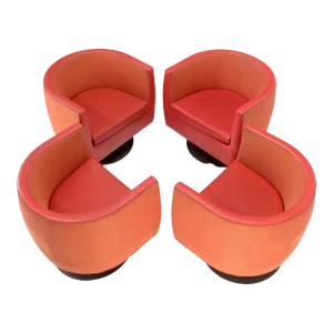 Set of 4 Large Swivel Round Barrel Back Lounge Club Chairs Red Upholstery