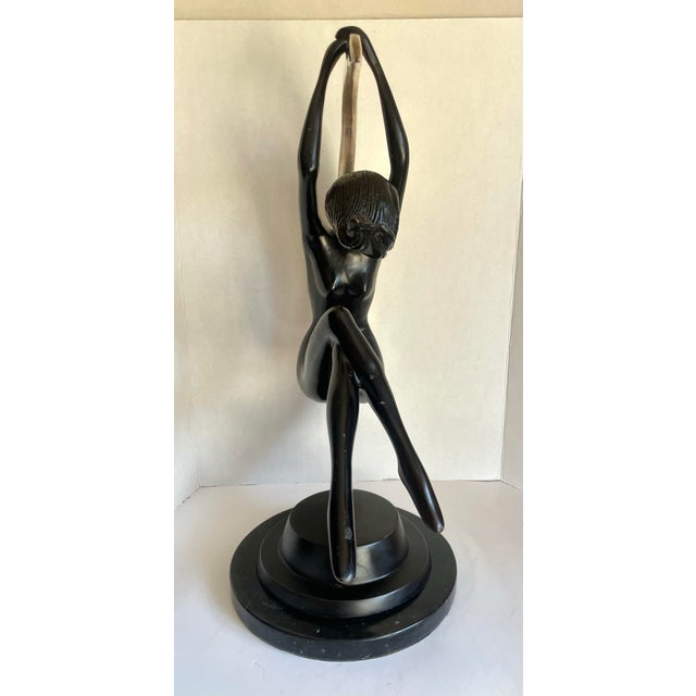 Bronze Art Deco Bronze Nude Figure Suspended in Brass Crescent Moon Sculpture on Marble Base For Sale - Image 8 of 12
