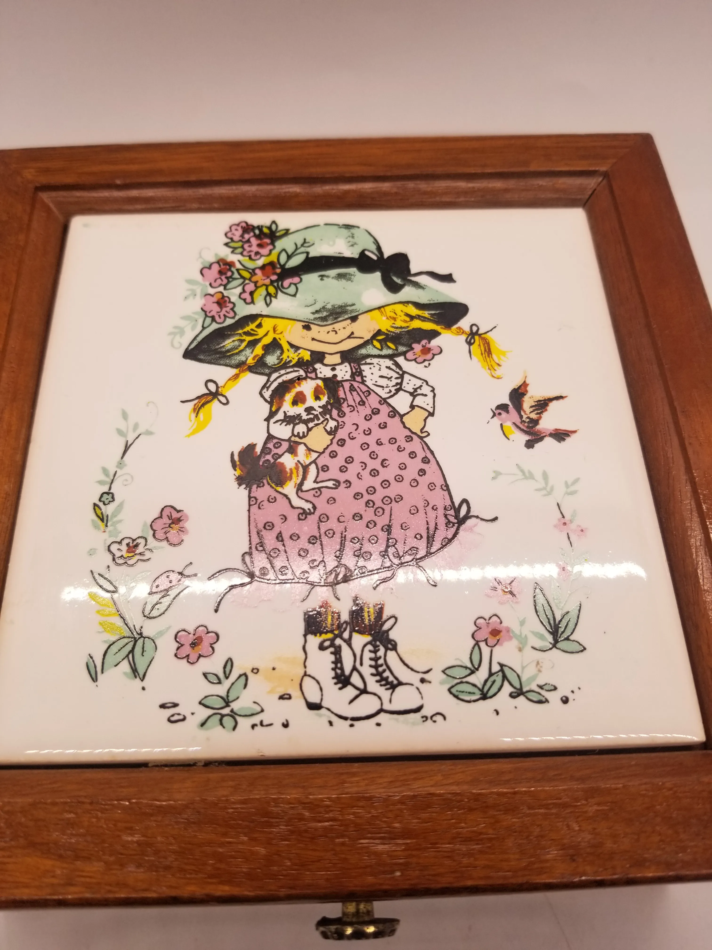 Vintage 70's Purple Velvet Jewelry Box With Holly Hobbie Tile