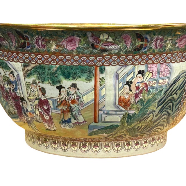 Chinese Vintage Chinese Famille Rose People House Graphic Large Porcelain Bowl Pot For Sale - Image 3 of 12
