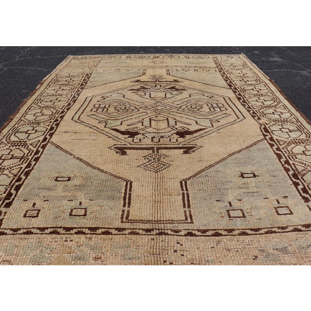 Mid 20th Century Mid 20th Century Geometric Tribal Vintage Turkish Oushak Rug in Brown Cream Light Blue and Tan For Sale - Image 5 of 13