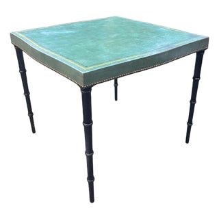 Vintage Leather and Faux Bamboo Wood Card Table For Sale