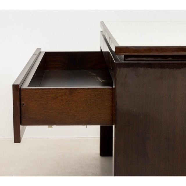 Modern White Glass and Mahogany Side Tables, Pair For Sale In New York - Image 6 of 7