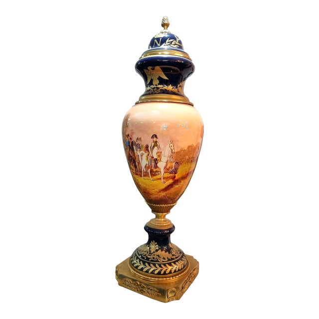French Style Blue Porcelain Vase With Napoleonic Scene, Gold Leaf & Bronze Accents For Sale