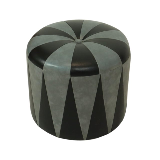 Cool vintage round pouf in patchwork style, made from a wooden base and upholstered in high-quality two-tone grey-blue and...