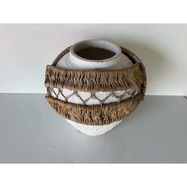 1980s 1980’s Vintage Organic White Textured Pottery Vase With Rattan Wrap – Unsigned For Sale - Image 5 of 12