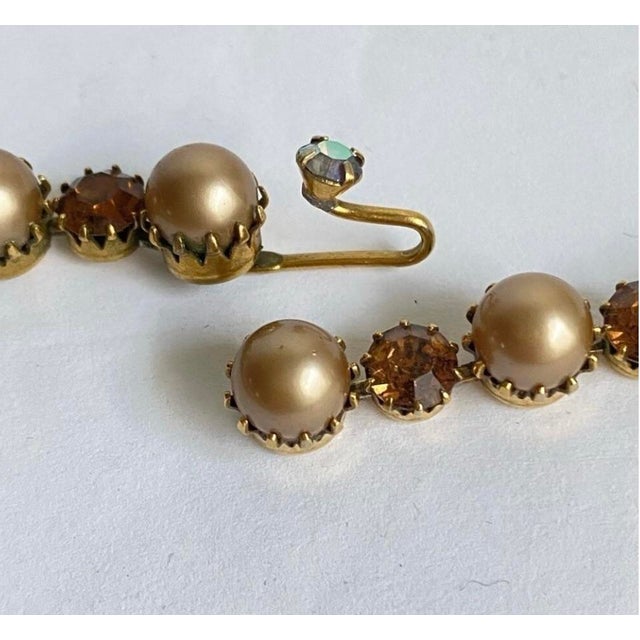 Kramer Necklace & Clip on Earrings Demi Parure Vintage 50s Pearl Rhinestone Aurora Borealis Crystal Signed For Sale - Image 11 of 12