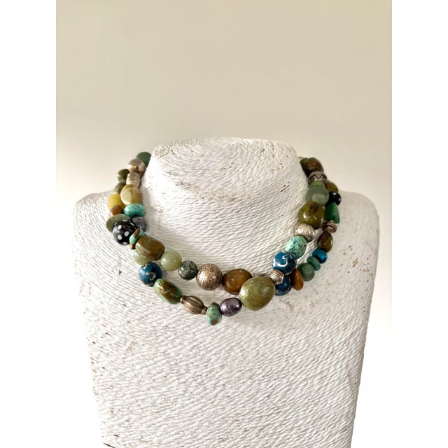 Rare Beaded Necklace of Tibetan Turquoise Silver African Trade Beads, Jade For Sale - Image 4 of 5