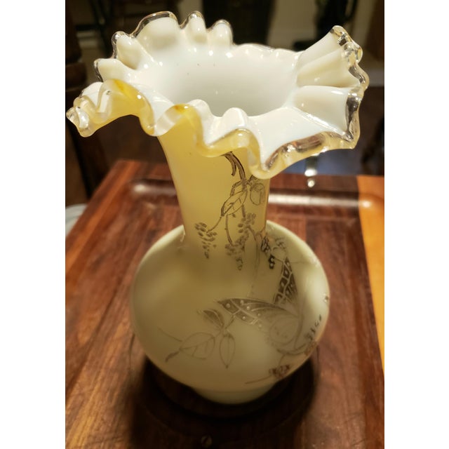 Vintage Fenton Hand-Painted Butterfly Uranium Glass Vase | Satin Custard Ruffled Rim For Sale - Image 10 of 12