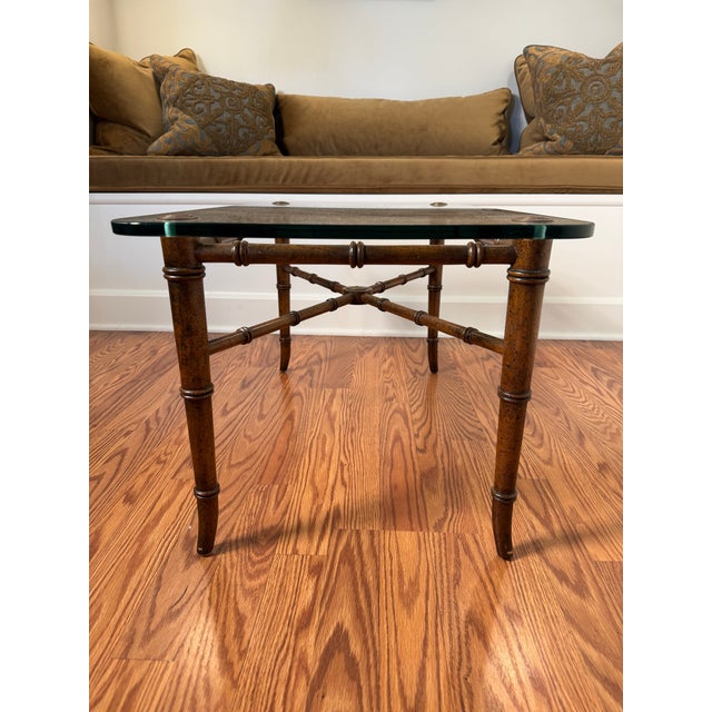 Metal Vintage Regency Faux Bamboo Brown Metal, Brass & Glass Coffee Table For Sale - Image 7 of 11