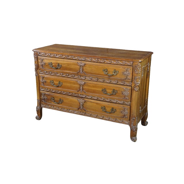 French Country Vintage Italian French Country Louis XV Carved Walnut Commode Chest Dresser For Sale - Image 3 of 18