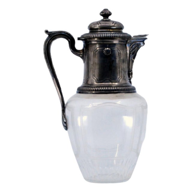 Wine Jug in Cut Glass and Silver Embossed on the Lid with Knob and Rim, Raised Handle and Coats of Arms For Sale