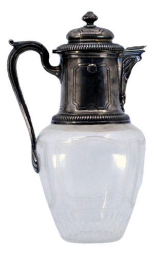 Wine Jug in Cut Glass and Silver Embossed on the Lid with Knob and Rim, Raised Handle and Coats of Arms
