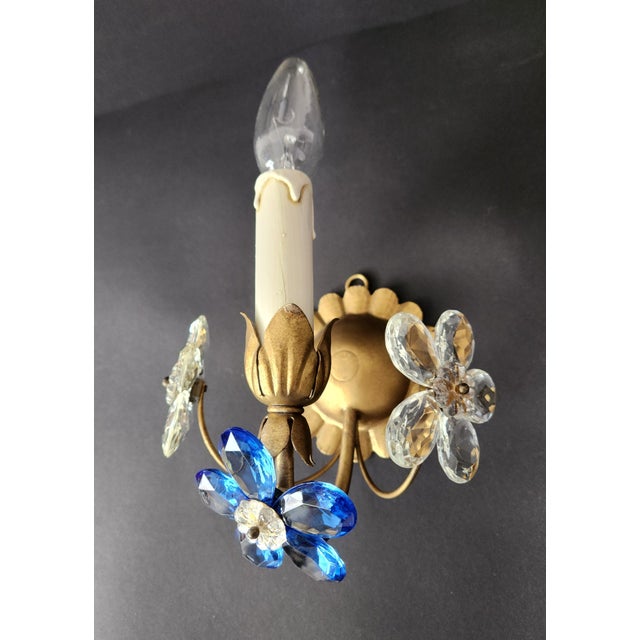 Blue Gilt Floral Wall Lamps with Murano Glass Flowers, Italy, 1960s, Set of 2 For Sale - Image 8 of 18