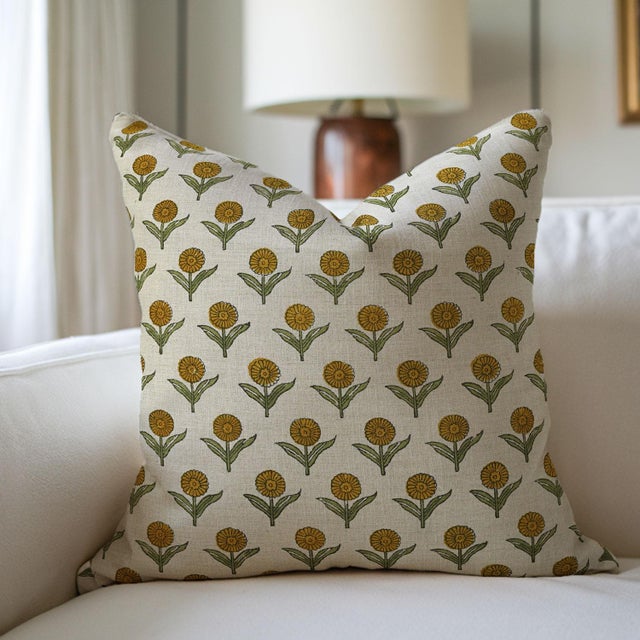 Mustard Fabdivine Handmade Block Print Pure Linen Throw Pillow Covers 26x26inches-Ganda Pushpa Floral Design For Sale - Image 8 of 9