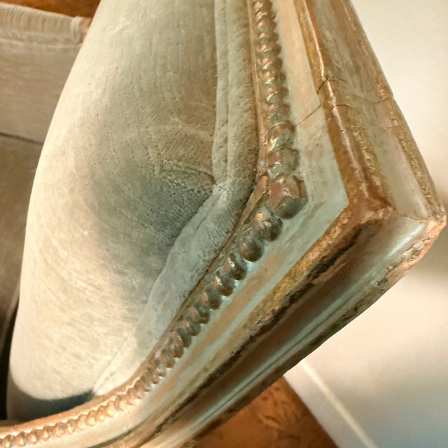 French Vintage Velvet Armchair With Green Wash and Gilt Carved Frame For Sale - Image 3 of 9
