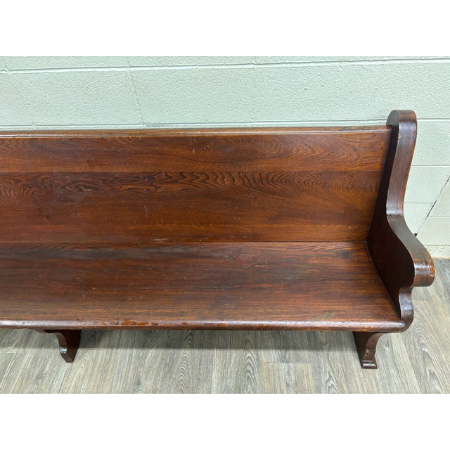 Antique American Gothic Revival 8 Ft Carved Solid Oak Church Pew For Sale - Image 11 of 12