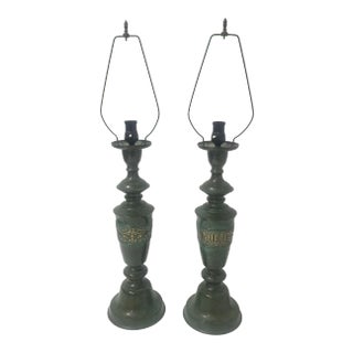 1950s Regency Japanese Verdigris Brass Marbro Style Table Lamps - a Pair For Sale