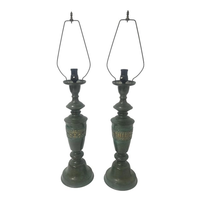 1950s Regency Japanese Verdigris Brass Marbro Style Table Lamps - a Pair For Sale