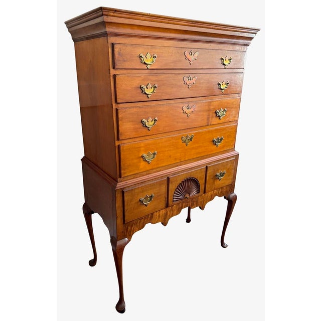 18th C. Queen Anne Cherry High Boy With Fan Carved Panel For Sale - Image 4 of 10