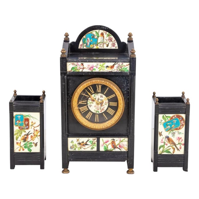 Aesthetic Black Slate & Porcelain Clock Set, 3 For Sale