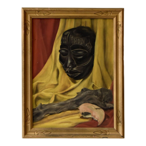 Vintage Still Life Painting on Board of African Mask and Lobster Claw, Circa 1940s