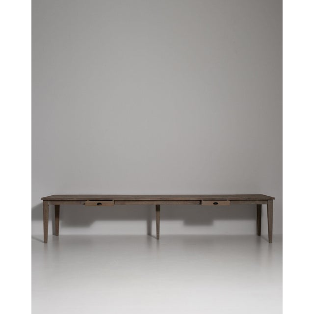 Industrial Late 20th Century France Weathered Grey Metal Long Metal-Legged Bench Table For Sale - Image 3 of 11