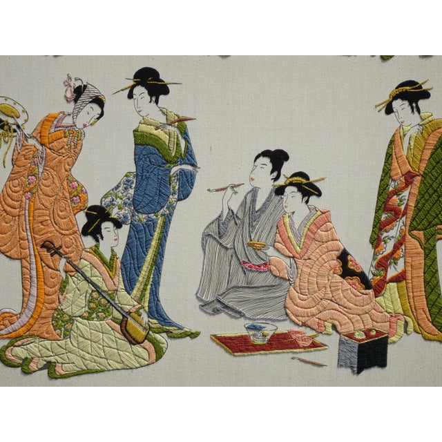 Vintage Five Oriental Asian Women Musical Scene Embroidered Picture Wall Hanging For Sale In Los Angeles - Image 6 of 12