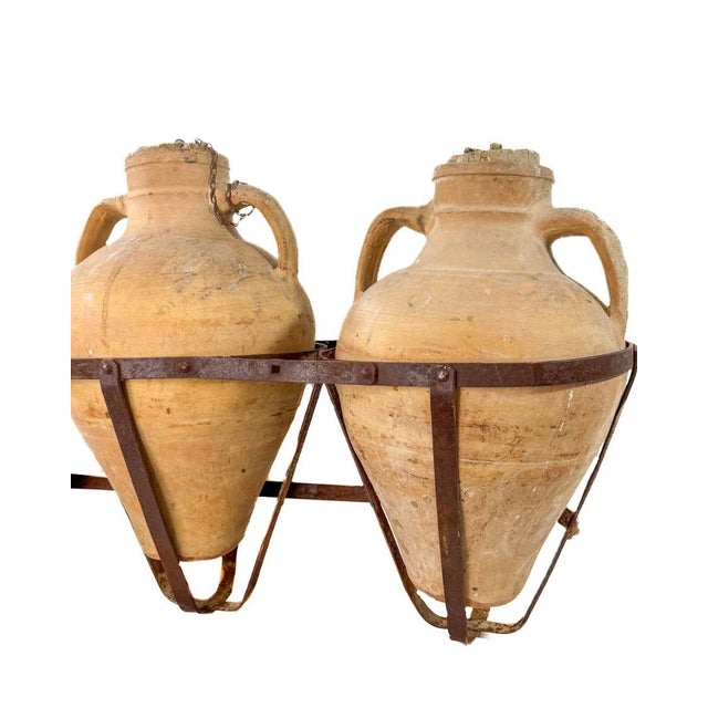 Early 20th Century 3 Spanish Oil Jars on Metal Rack For Sale - Image 4 of 5
