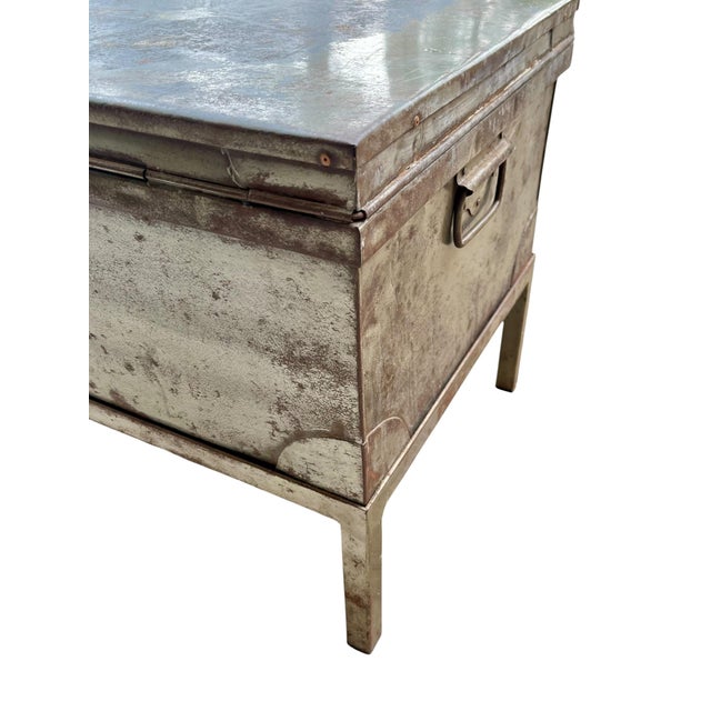 Metal Early 20th Century Industrial Metal Trunk Chest on Stand With Patina Finish For Sale - Image 7 of 18