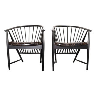 Pair of Swedish Modern Ebonized Beechwood Sunfeather Arm Chairs by Sonna Rosen For Sale