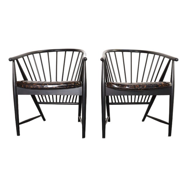 Pair of Swedish Modern Ebonized Beechwood Sunfeather Arm Chairs by Sonna Rosen For Sale